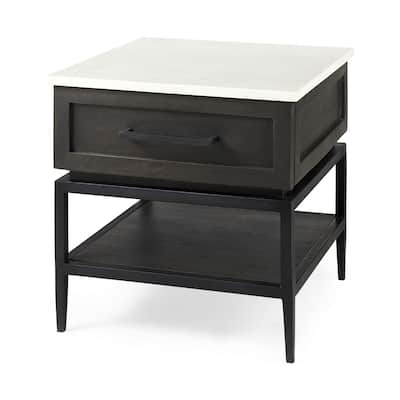 Divina Dark Brown Solid Wood With White Marble Top Side Table