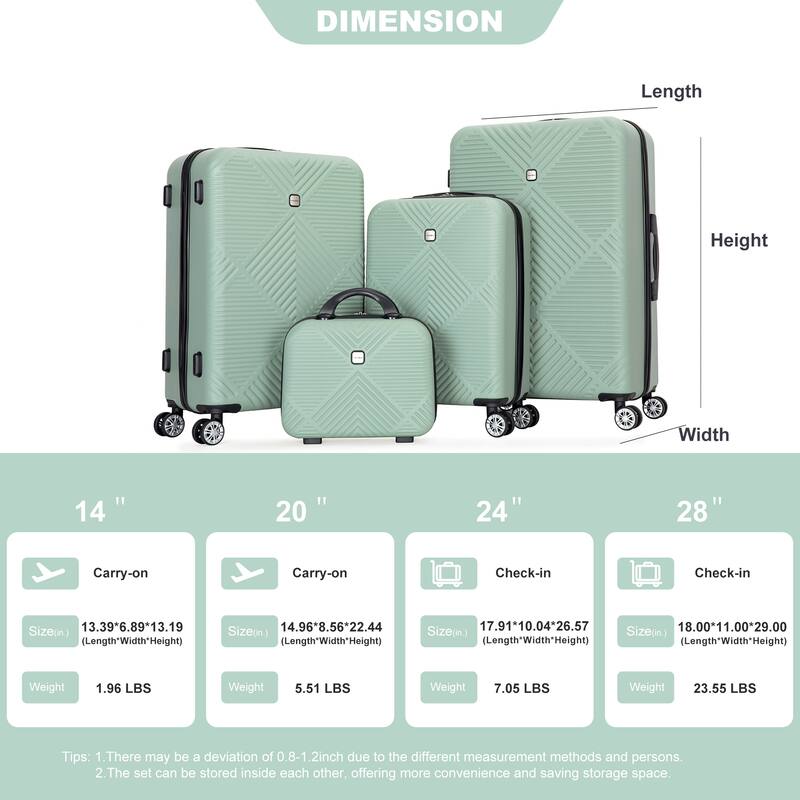 4-Piece, Luggage Sets, Lightweight Luggage with 360 ° Aircraft Wheels and Adjustable Handle, for Boarding Travel, Olive Green