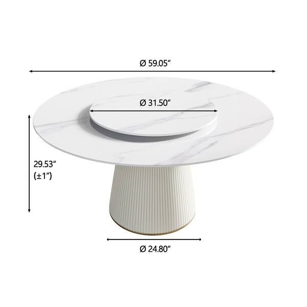 59'' Round Dining Table for 8, White Sintered Stone Tabletop with Lazy ...