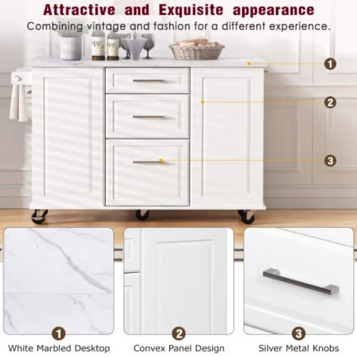 50.7" Rolling Kitchen Island - Drop Leaf, 2 Drawers, Tilt Trash Cabinet & Organizer on 5 Wheels