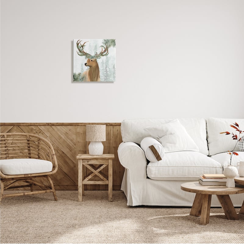 Stupell Winter Forest Elk Festive Pine Antlers Woodland Trees Canvas Wall Art - Green