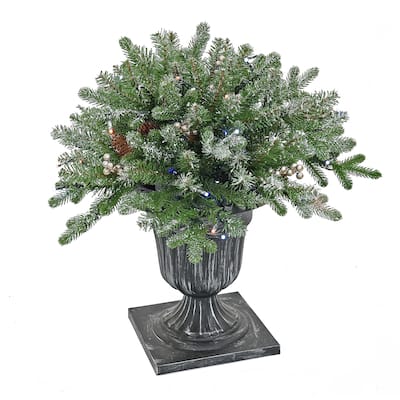 National Tree Company 2 ft. Pre-Lit Feel-Real Snowy Morgan Spruce Porch Bush in Silver Brushed Plastic Urn - Green - 2 ft