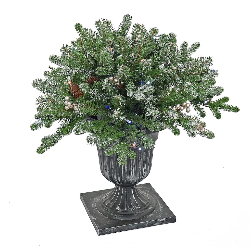 National Tree Company 2 ft. Pre-Lit Feel-Real Snowy Morgan Spruce Porch Bush in Silver Brushed Plastic Urn - Green - 2 ft