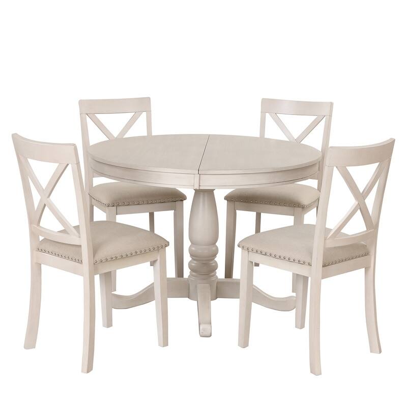 5-Piece Round Dining Table Set Wood Extendable Kitchen Table Set with 4 Upholstered Chairs Farmhouse Dining Set for 4 People