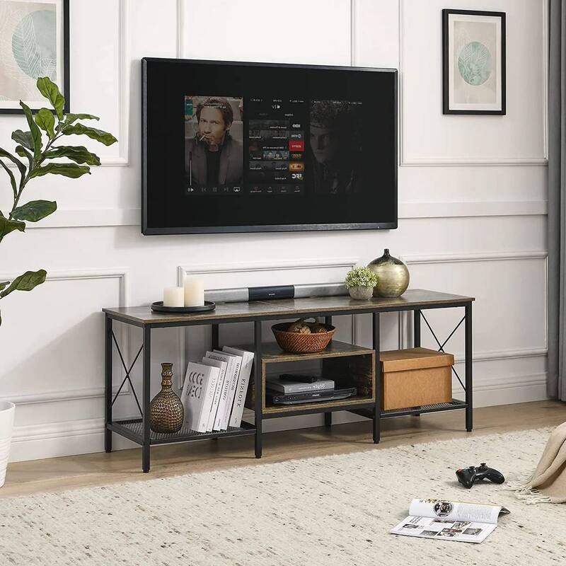 Industrial Farmhouse Metal Wood TV Stand with Storage Shelves - 55.11” Long x 15.74” Wide x 20.47” Tall