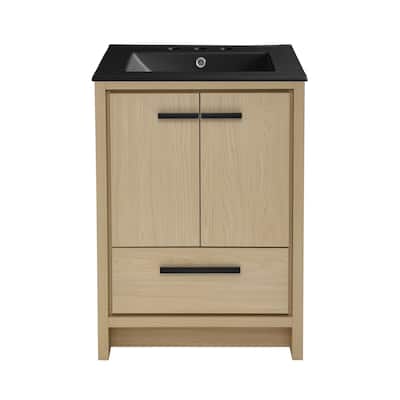 Virage 24 In. Brown Oak Bathroom Vanity With Black, 3-Hole Ceramic Sink Top