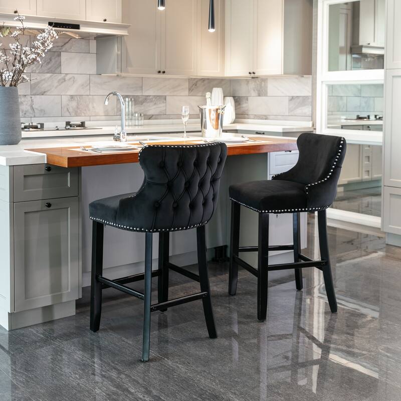 Contemporary Velvet Upholstered Wing-Back Barstools With Button Tufted Decoration And Wooden Legs