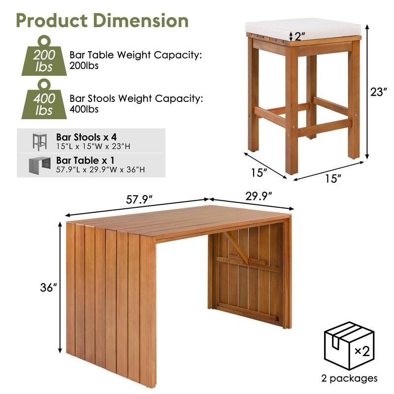 5-Piece Outdoor Patio Acacia Wood Bar Dining Set with 4 Cushioned Stools