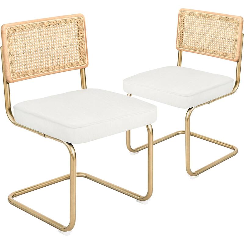 CangLong Velvet Upholstered Side Chair with Cane Rattan Back (Set of 2),White - Set of 2 - Dining Height