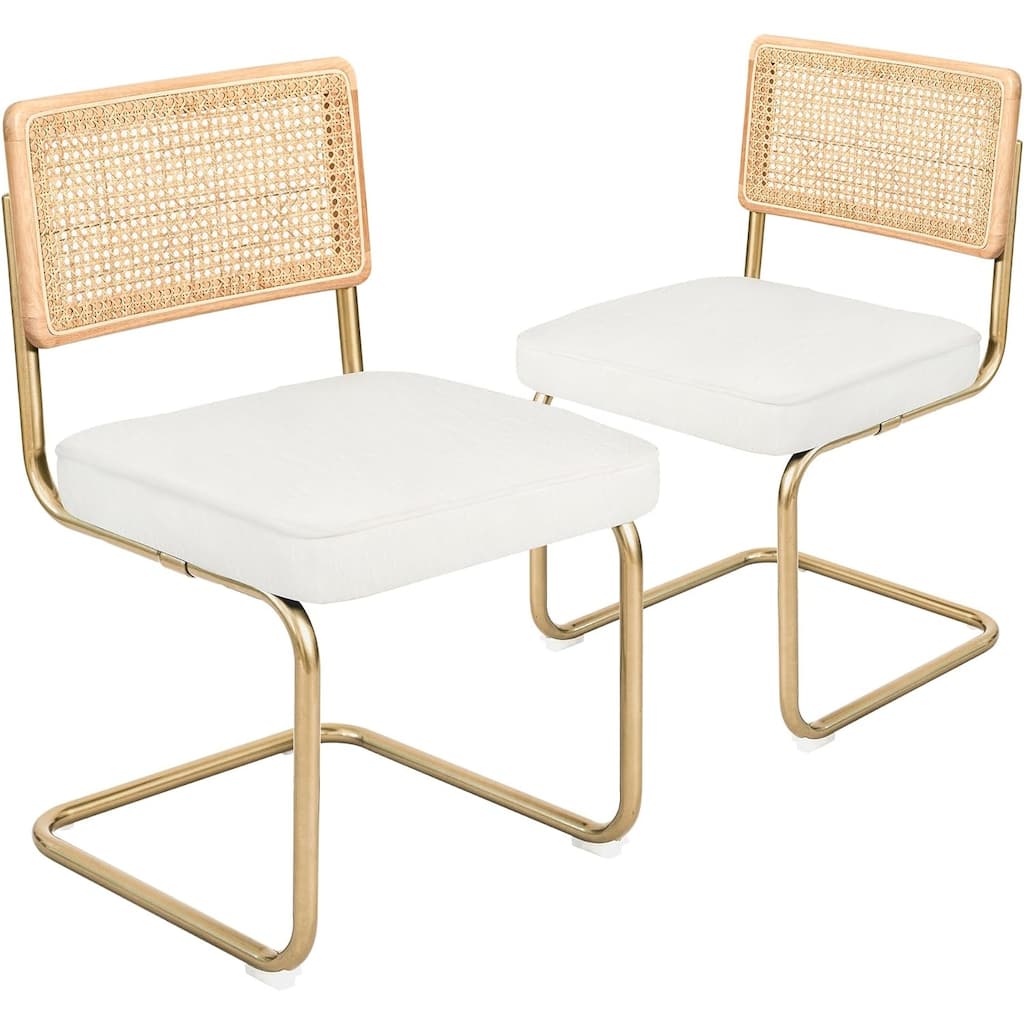 CangLong Velvet Upholstered Side Chair with Cane Rattan Back (Set of 2),White