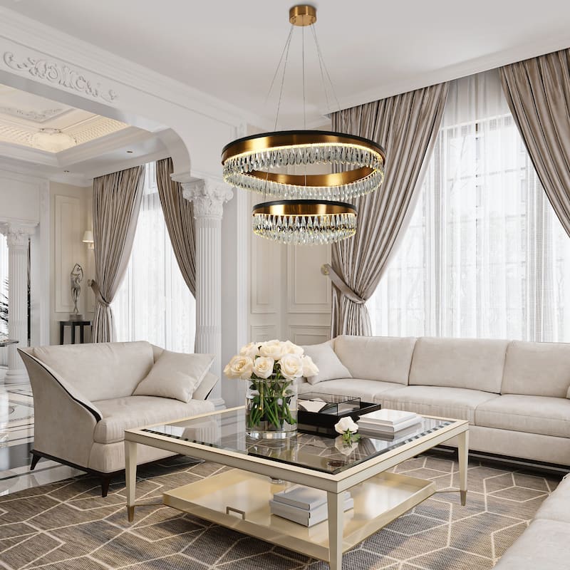 Modern LED Crystal Chandelier Luxury Black Gold Drum Light for Dining Living Room - D31.5" x H73" Max