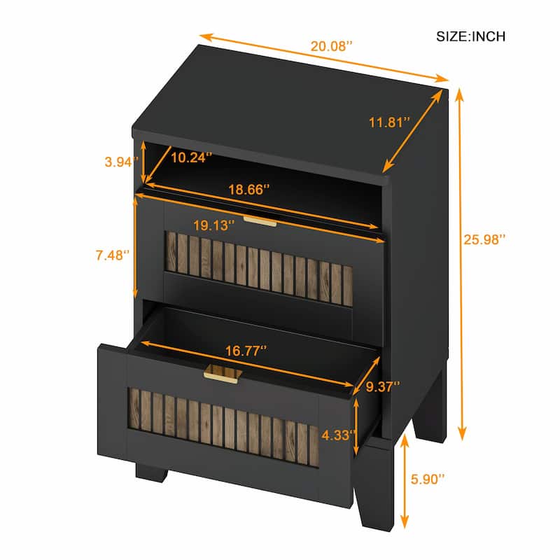 2-Drawer Farmhouse Wooden Nightstand with Wooden Strip Decoration and Metal Handle