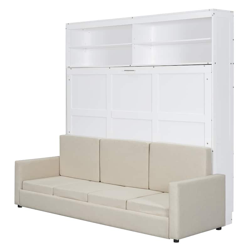 Queen Size Solid Wood Wall-Mounted Murphy Bed with Integrated Sofa and Space-Saving Storage, White and Gray Finish