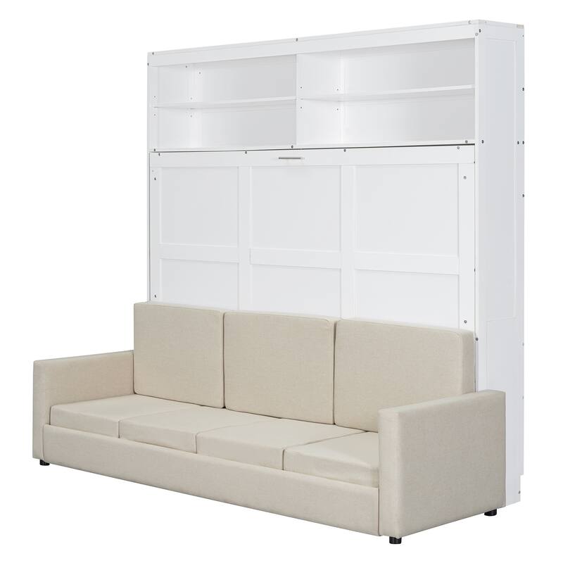 Queen Size Wall Bed with Sofa, Space-Saving Murphy Bed, White