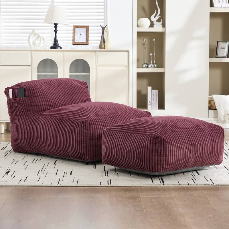 Corduroy Upholstered Lounger Large Ergonomic Support Compressed Bean Bag Sofa with Ottoman - Wine Red