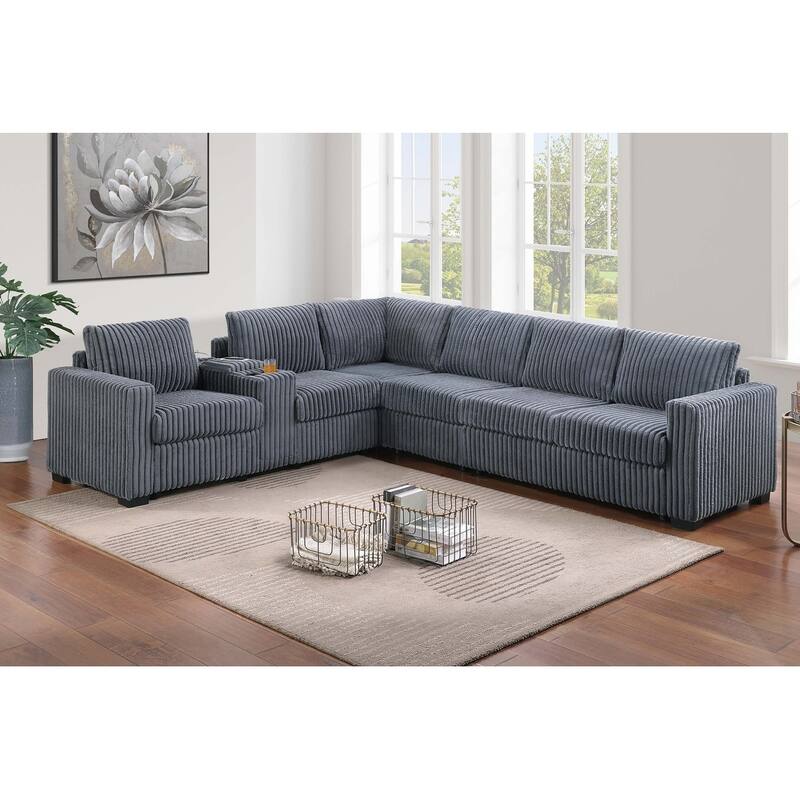 119" Modern L-Shaped Corduroy Sectional Sofa with USB Ports and Cup Holder