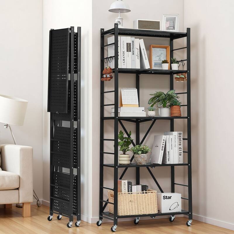 Black Carbon Steel 5 Tier Folding Garage Storage Shelf with Casters and J-Hooks - 13 x 28 x 66 in