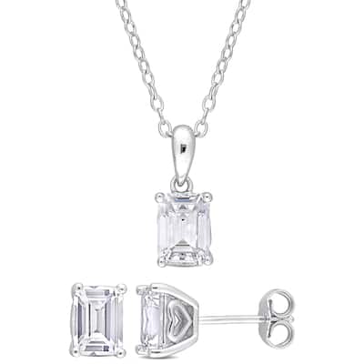 Miadora 4 3/4ct TGW Created White Sapphire Necklace and Stud Earrings Set Sterling Silver