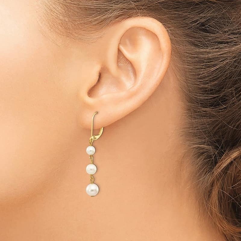 Curata 14k Yellow Gold 40x7mm Triple Freshwater Cultured Pearl Leverback Dangle Earrings
