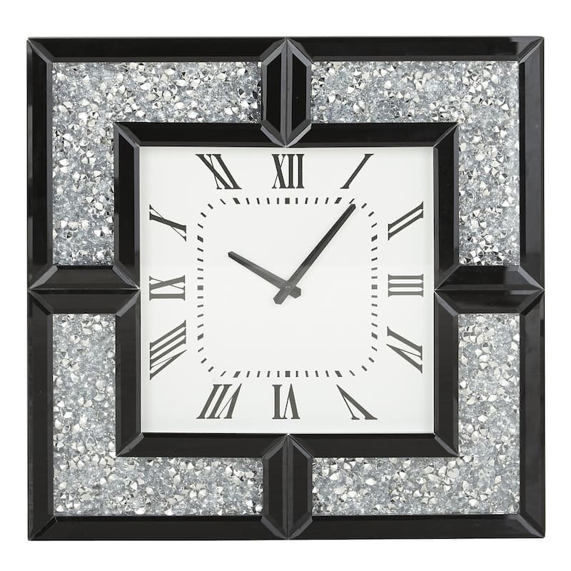Glass Mirrored Decorative Wall Clock with Floating Crystals - Black - Roche River Decor - Black