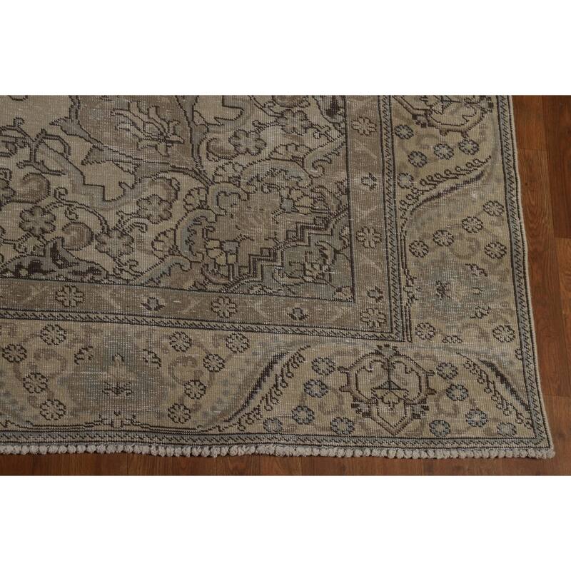 Traditional Tabriz Persian Vintage Rug Handmade Beige Wool Carpet - 9'7" x 12'1"