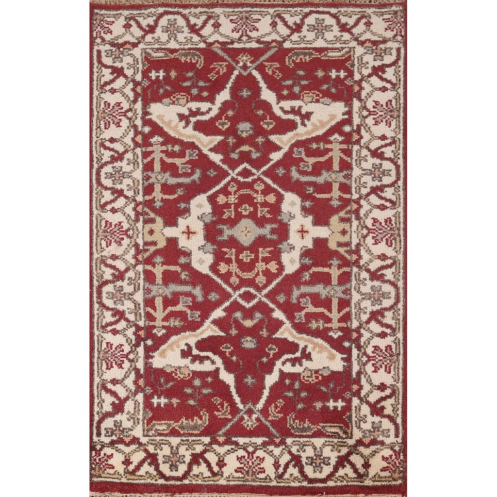 Red & Ivory Oushak Indian Accent Rug Hand-Knotted Wool Carpet - 2'11"x 4'9"