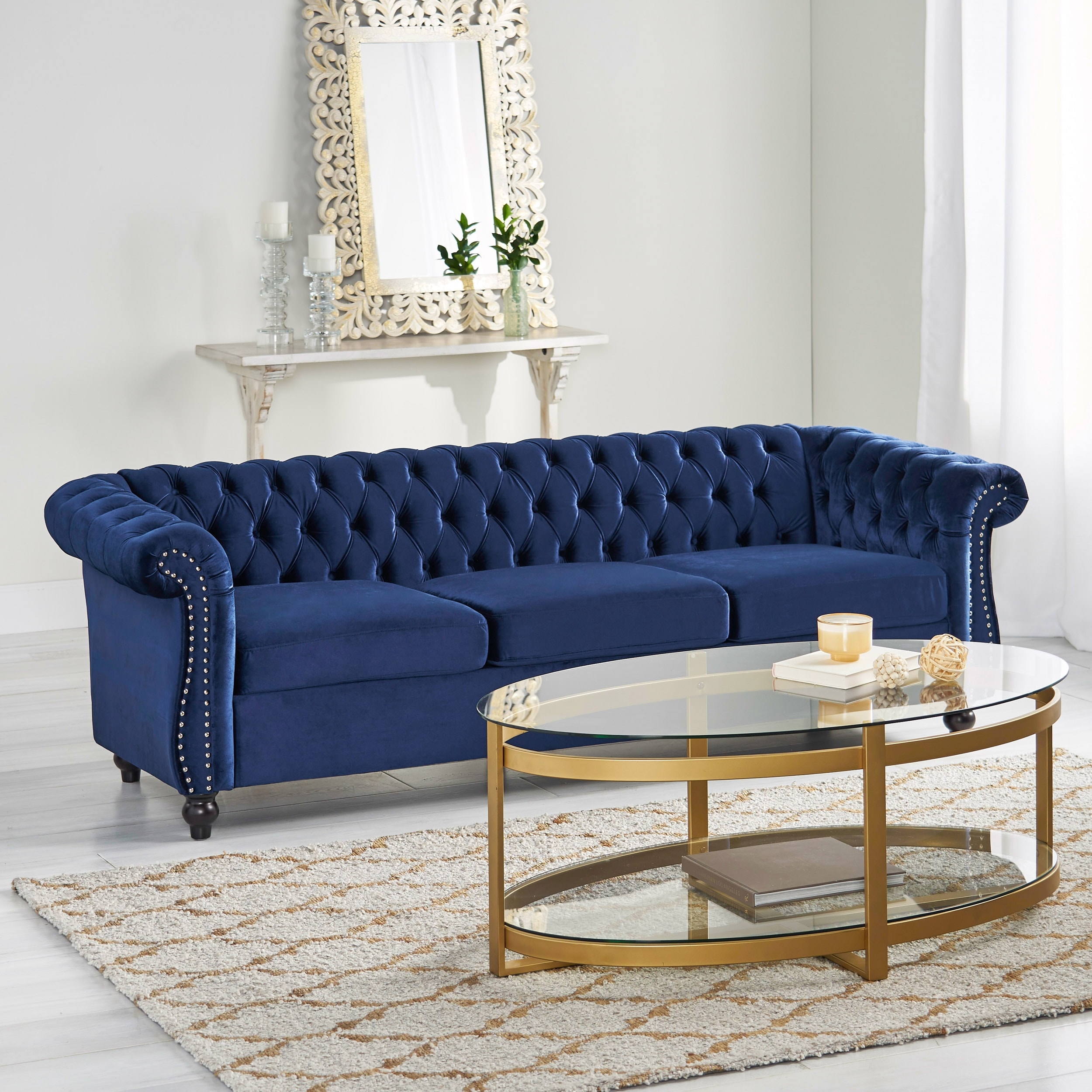 Modern Interior Living Room Blue Velvet Sofa with Nailheads Bed