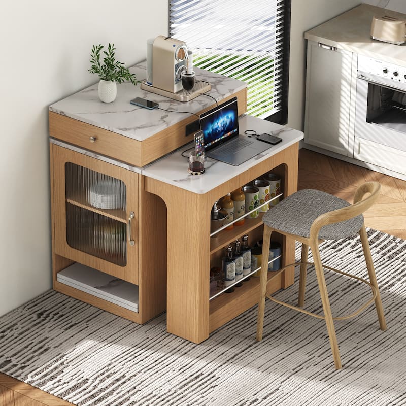 59.5" Kitchen Island with Extendable Dining Table, Kitchen Storage Table with Double-sided Storage, with 2 Drawers