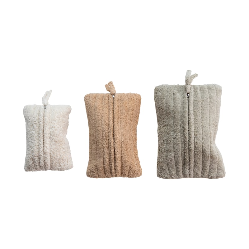 Quilted Cotton Terry Zip Pouches with Interior Coating, Set of 3 - 10.0"L x 7.0"W x 0.4"H