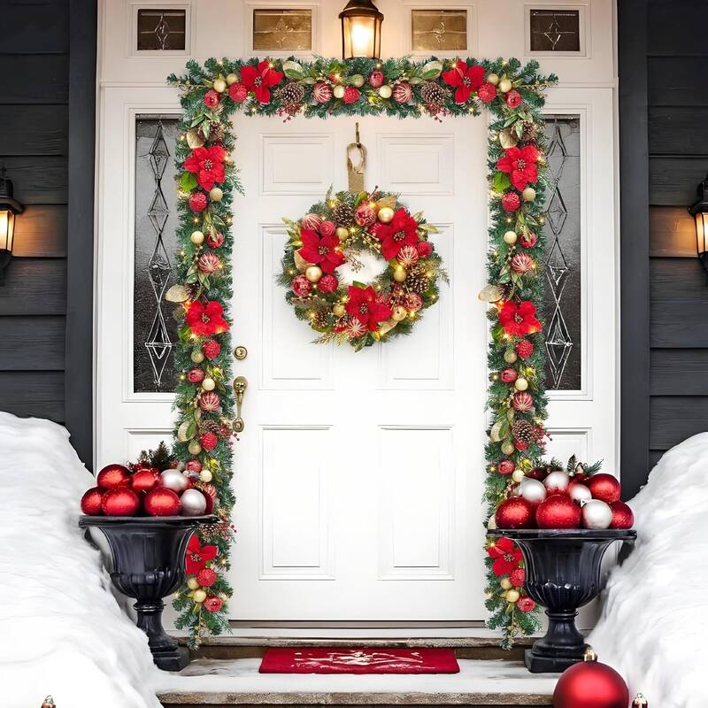 6ft Pre-Lit Outdoor Christmas Garlands with LED Lights Red Gold Balls Flowers - N/A