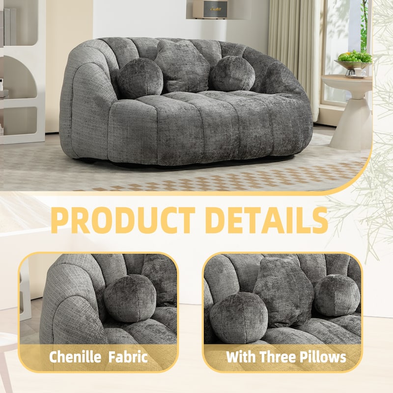 Chenille Upholstered Bean Bag Chair, Lazy Floor Sofa with Foam Filler, Fluffy Bean Bag Sofa with 3 Pillows & High Backrest