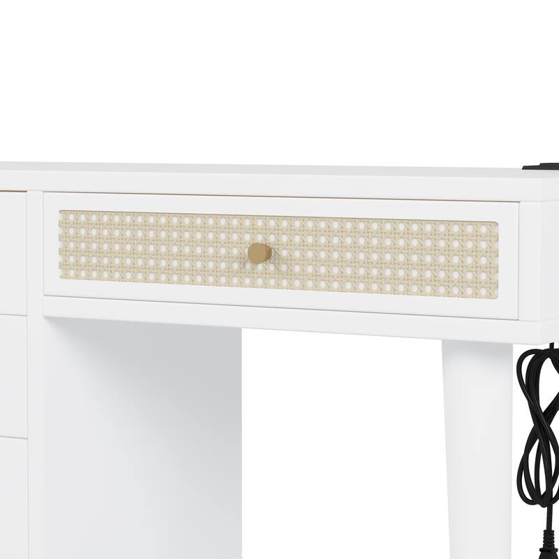 39" Retro Bohemian Style Wooden Makeup Vanity Set with Charging Plug&USB Port and Stool