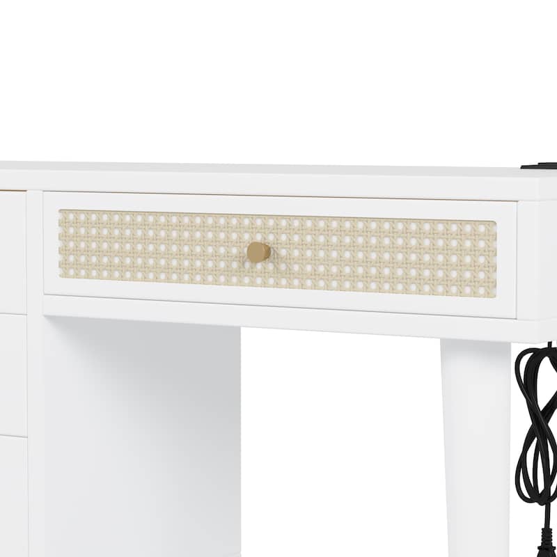 39" Retro Bohemian Style Wooden Makeup Vanity Set with Charging Plug & USB Port and Stool, Dressing Table