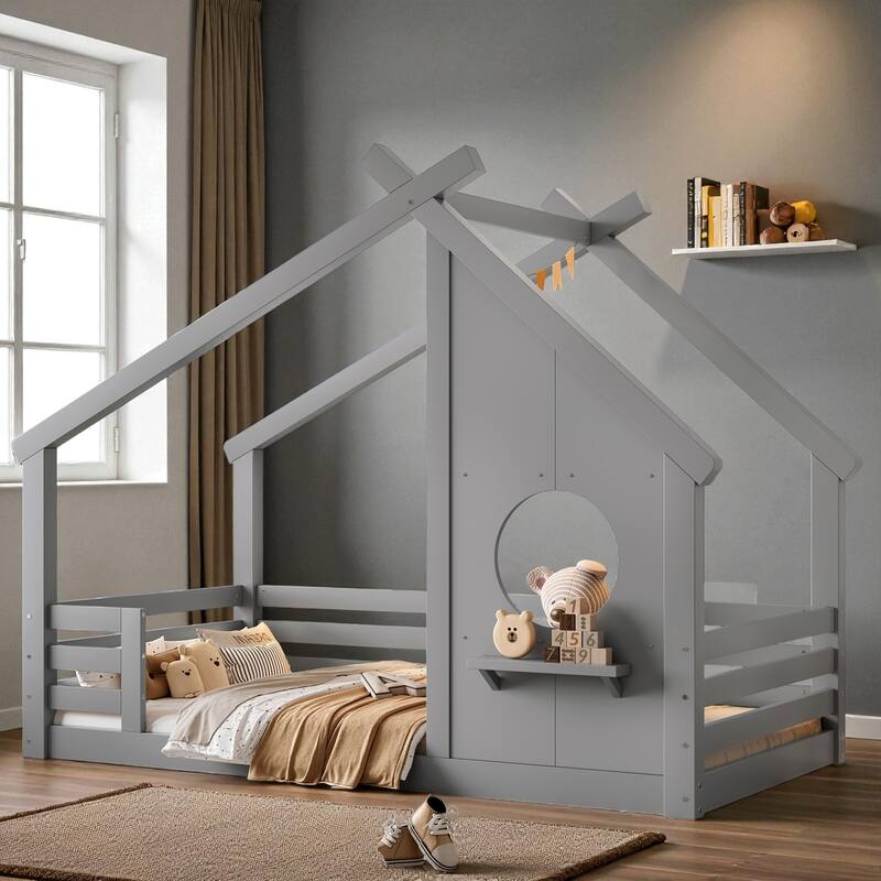 Twin/Full Size Solid Wood House Floor Bed with Window and Shelf, Montessori Low Bed Frame for Kids, No Box Spring Needed - Grey - Twin