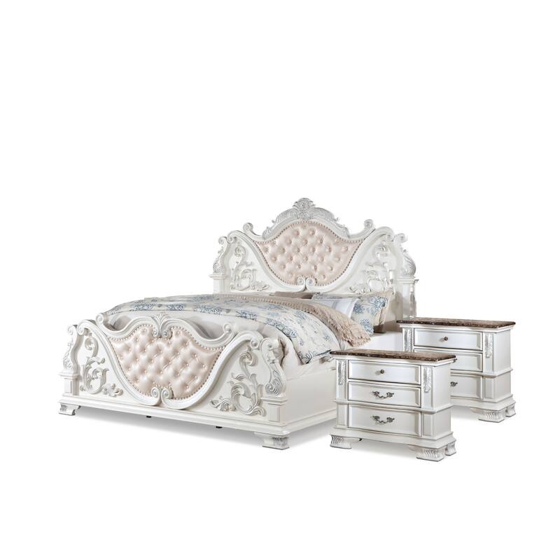 Furniture of America Wrea Traditional 3-Piece White Faux Leather Button Tufted Panel Bedroom Set