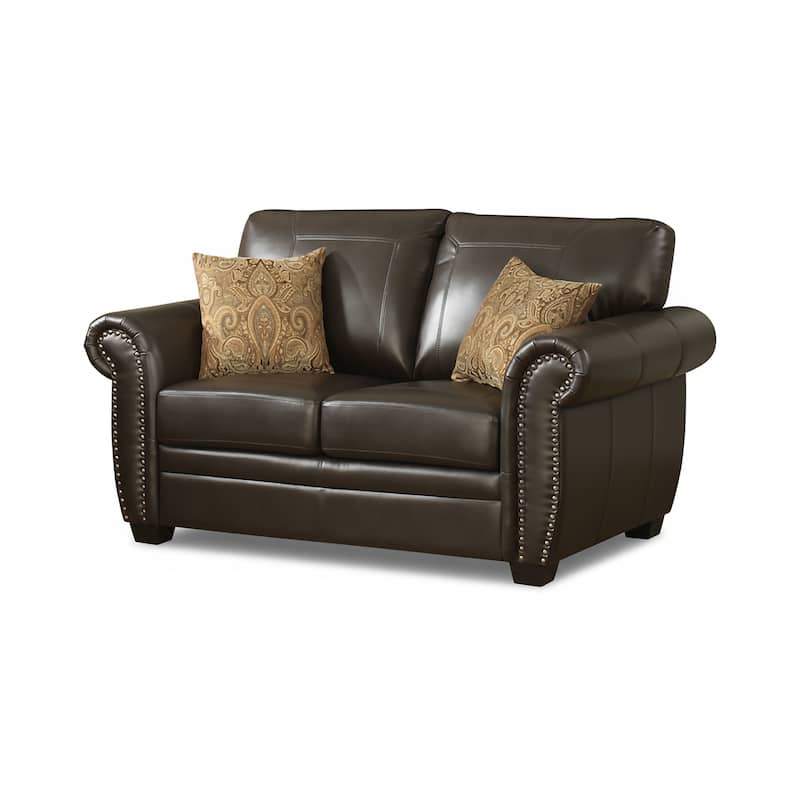 Louis Traditional Brown Italian Leather Stationary Loveseat - N/A