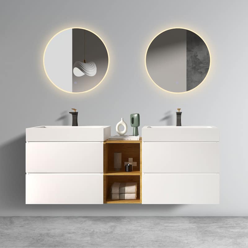 GDFStudio - Naomi Modern Floating Bathroom Vanity with Silent Drawers and Pre-Assembled One-Piece Sink - White - 72"