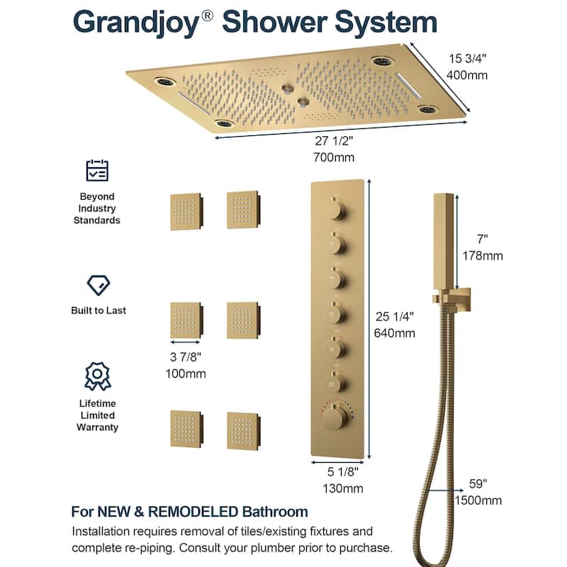 GRANDJOY LED Shower System 28" Luxury Shower Head with 6 Body Jets