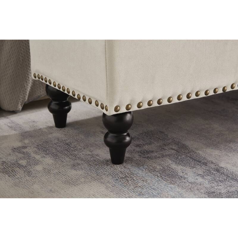 Footrest Bench with Button Tufting and Bronze Stud Accents, Hallway Bench, Upholstered Storage Bench with Solid Wood Legs