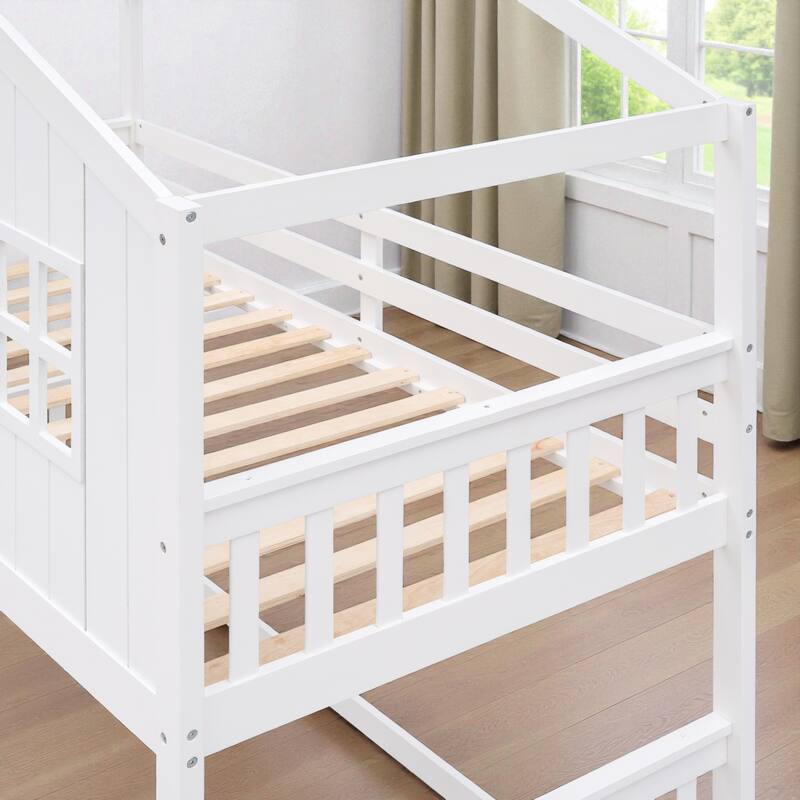 Twin Over Twin House Bunk Bed with Roof and Ladder, Solid Wood Frame, Playhouse Style Kids Bed, No Box Spring Needed