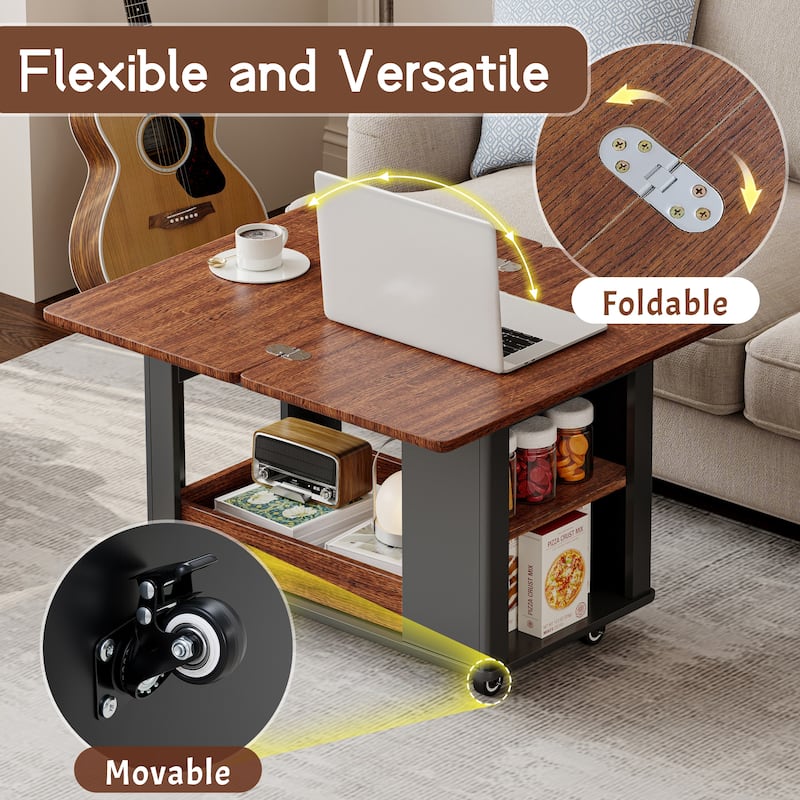 27.6" Modern Coffee Table with Foldable Top & Casters, Multi-Tier Storage Side Table for Living Room