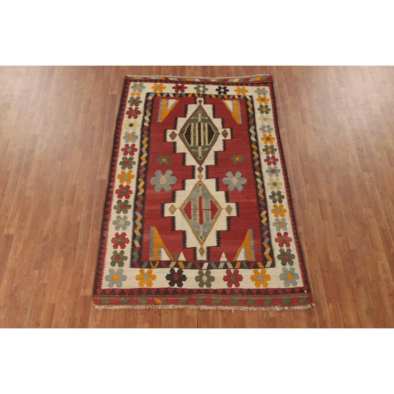 Kilim Qashqai Persian Vintage Rug Hand-Woven Geometric Wool Carpet - 5'0" x 7'6"