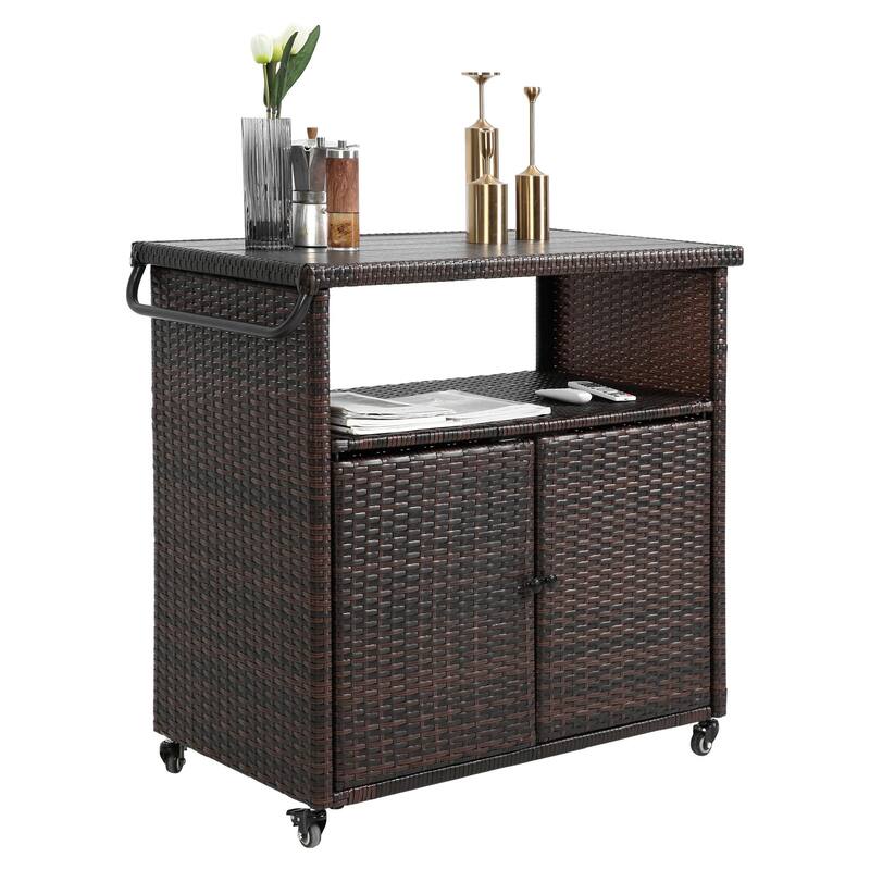 Outdoor Wicker Bar Cart,Patio Wine Serving Cart Wheels,Rolling Rattan Beverage Bar Counter Table Glass Top