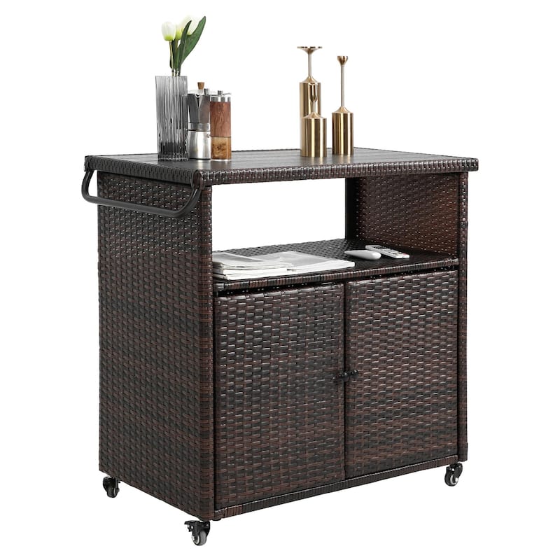 Outdoor Wicker Bar Cart with Glass Countertop, Rolling Rattan Beverage Bar Counter Table on Wheels for Porch, Backyard, Garden