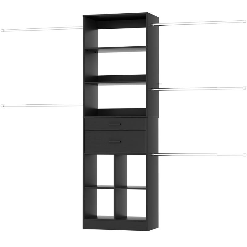 66''-100'' Walk-in Closet Organizer with 5 Hanging Rods and 2 Wooden Drawers，4-8FT Sturdy Closet System with Storage Shelves