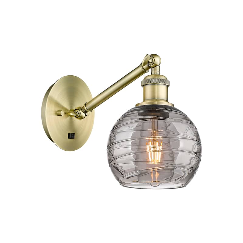 Innovations Lighting 317-1W 8 6 Athens Deco Swirl Sconce Athens Deco - Antique Brass / Light Smoke Deco Swirl