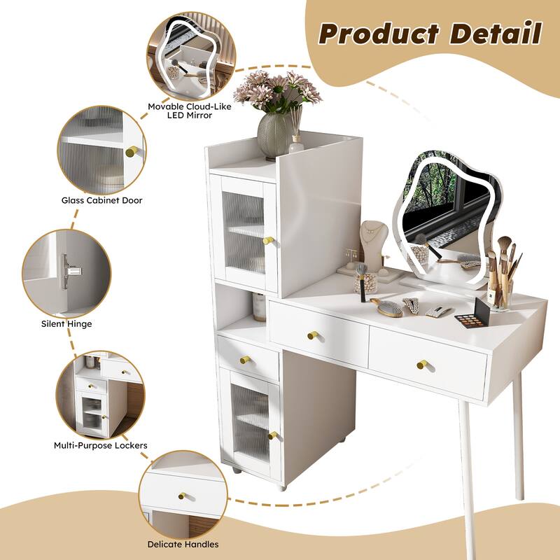 Vanity Dressing Table With Led Mirror & Storage-White Makeup Desk Features 3 Drawers,2open Shelves&4 Hidden Cabinets