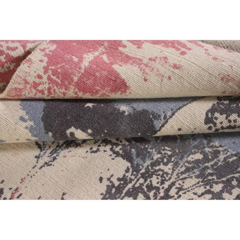 Nature Print Ivory Abstract Modern Area Rug Handmade Wool Carpet - 5'3" x 6'7"