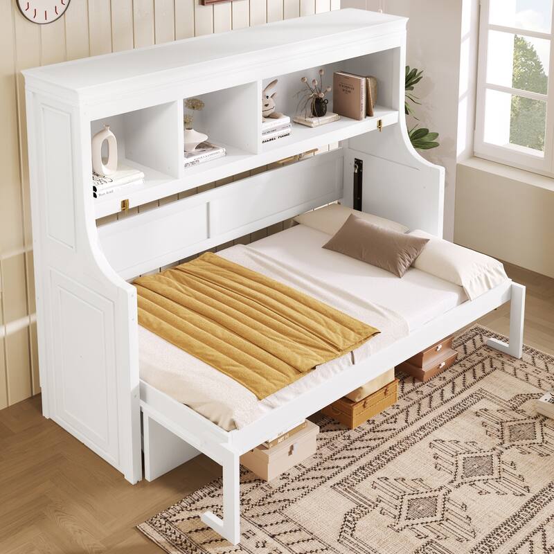Twin Size Murphy Bed Cabinet with Fold-down Desk and Storage Bookcase Shelves - White - Twin