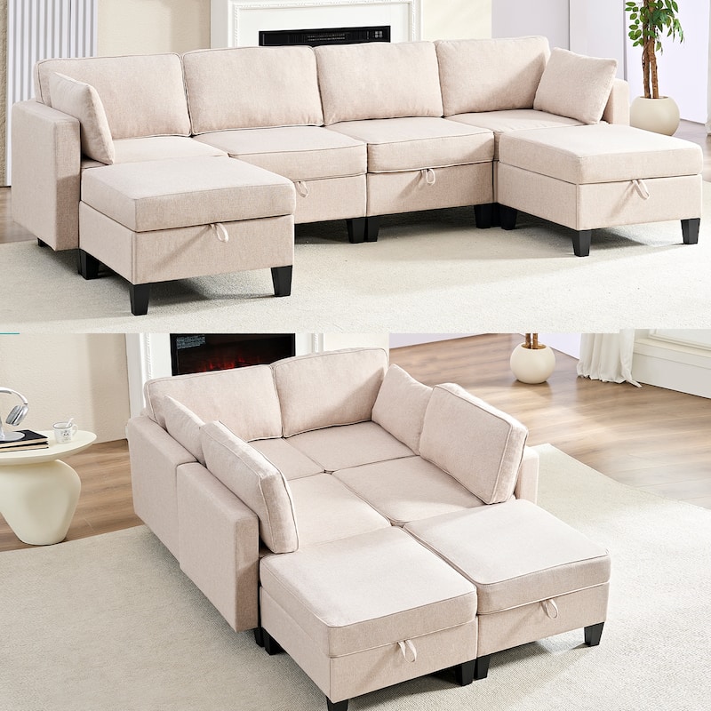 Mixoy Flexible Combination Reversible 4-Seater Modular Sofa with Ottomans,Linen Convertible Sleeper Sofa Bed with Storage Space